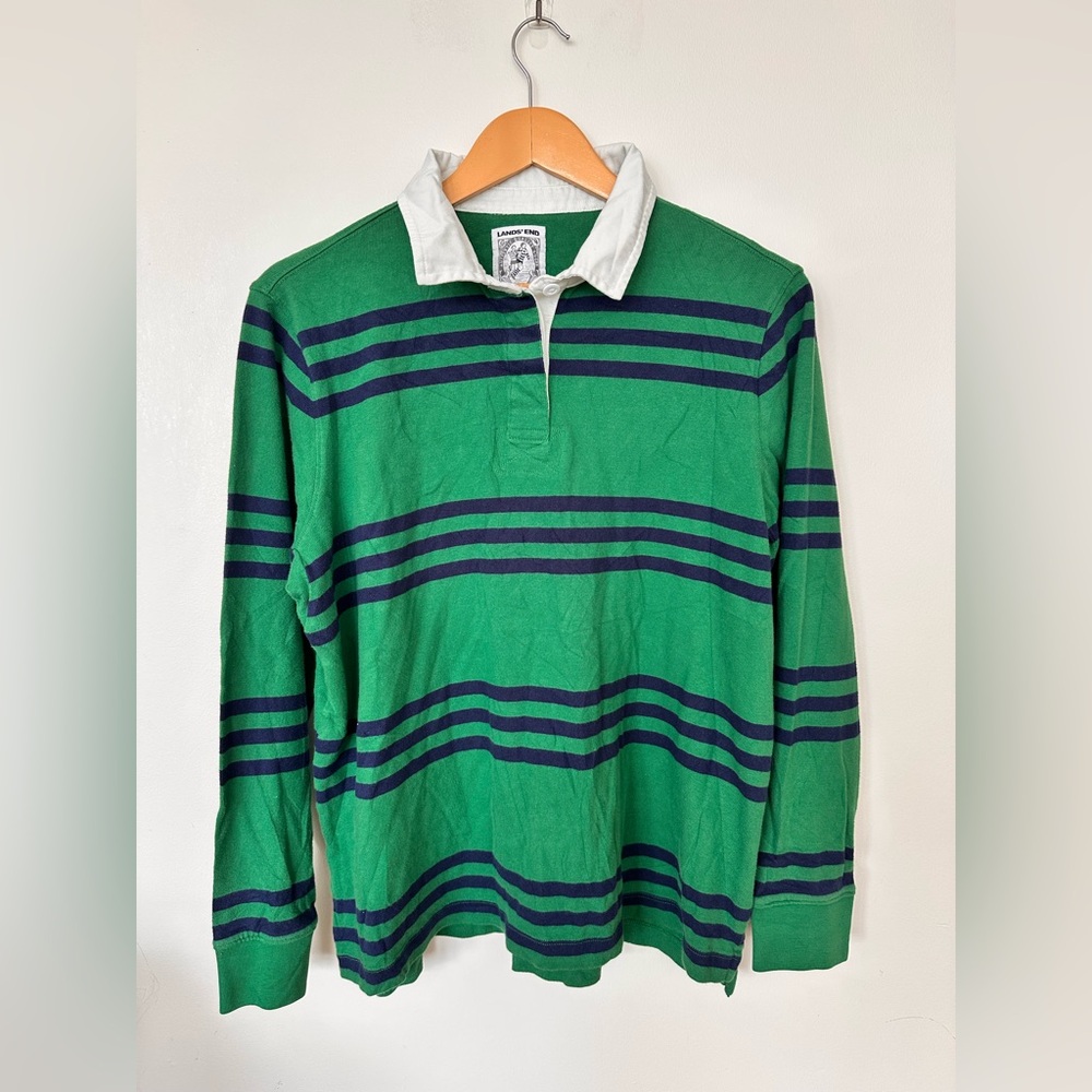 Lands’ End Green & Navy Rugby Shirt – Size L (14-16)